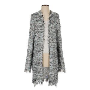 Carlisle Collection Fringe Knit Metallic Open Front Longline Cardigan S Gray